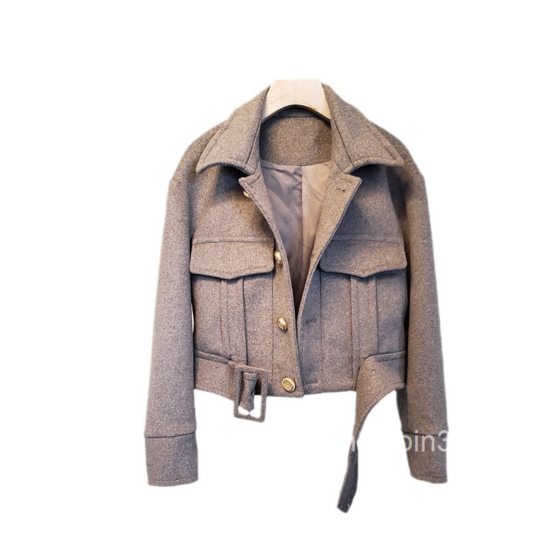 Autumn Winter New Style Socialite Workwear Double Pocket Waist-Tied Blazer Collar Short Thick Woolen Jacket Coat for Women