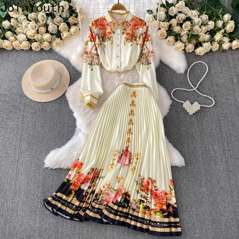 Skirt Outfits Floral Two Piece Sets Women Clothing Long Sleeve Single Breasted Blouses High Waist Pleated Skirts Suit Summer Set 250728
