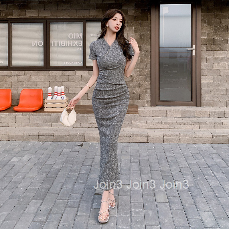 Summer New Elegant Cross V-neck Slim Short Sleeve T-shirt Top + Long Skirt Two-piece Set for Women
