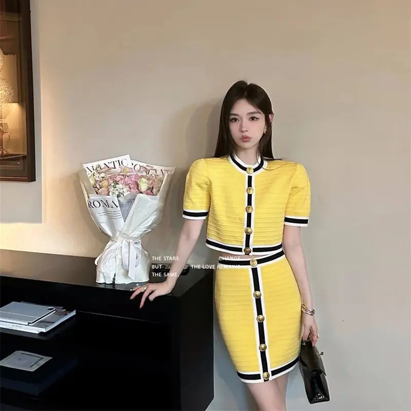 Summer Elegant Party Suit Short Sleeves Knitted Cardigan Top Slim High Waist Skirt y Women Outfits 2Piece Set K597 250729