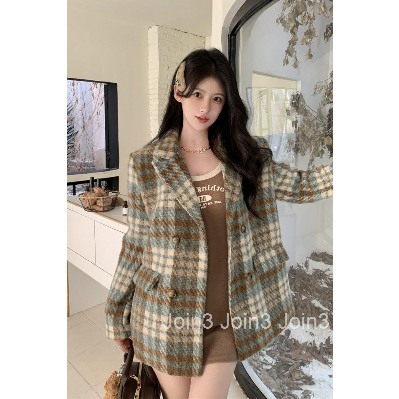 Winter New Elegant Fashion Casual Loose Cotton Plaid Long Sleeve Blazer Mid-Length Women