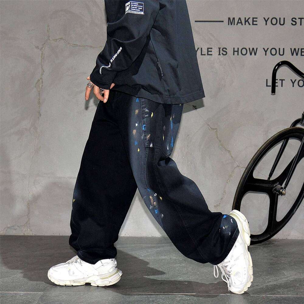 American Streetwear Hand-Painted Splash Skateboard Baggy Jeans Mens Clothing Hip Hop Denim Pants Haruku Trend Trousers Male 250726