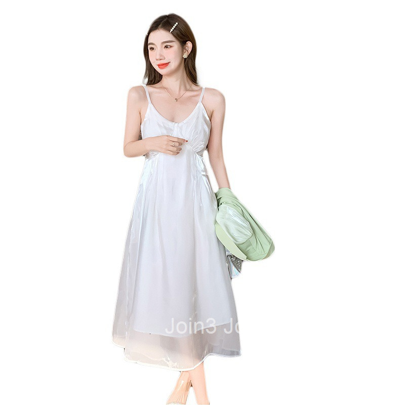 New French Style Elegant High-Waisted Strap Dress Slim Waist High-Length Dress V-Neck A-Line Dress