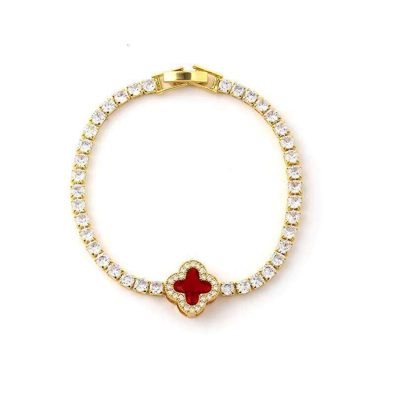 Lucky Clover Tennis Bracelet Fashion Gold Plated Brass Featuring Zircon Main Stone and Moissanite Red
