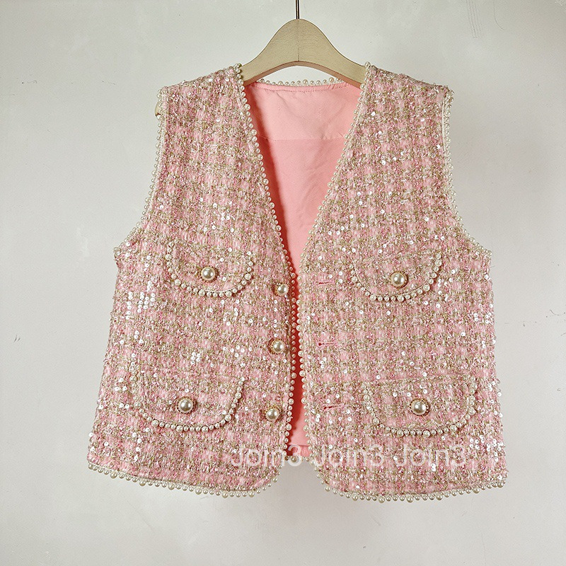 Socialite Autumn Winter New Style Heavy Sequins Beaded V-neck Cardigan Vest Jacket Short Womens Top Vest