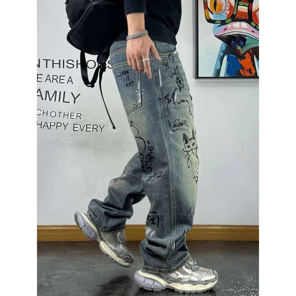American Streetwear Distressed Creative Graffiti Print Baggy Jeans For Men Fashion Denim Straight Cargo Pants Haruku Trousers 250726