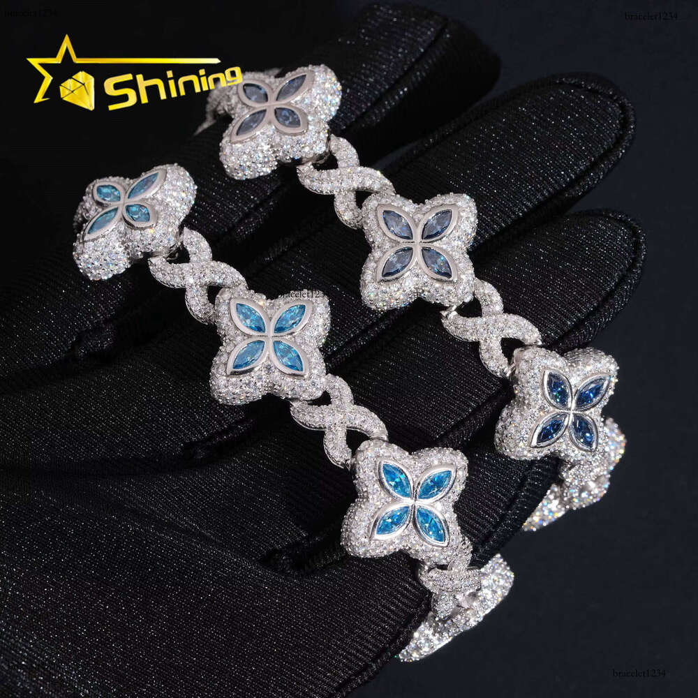 Hip Hop Jewelry Sier 18mm VVS Blue Clover Custom Iced Out Moissanite Bracelet for Men Women