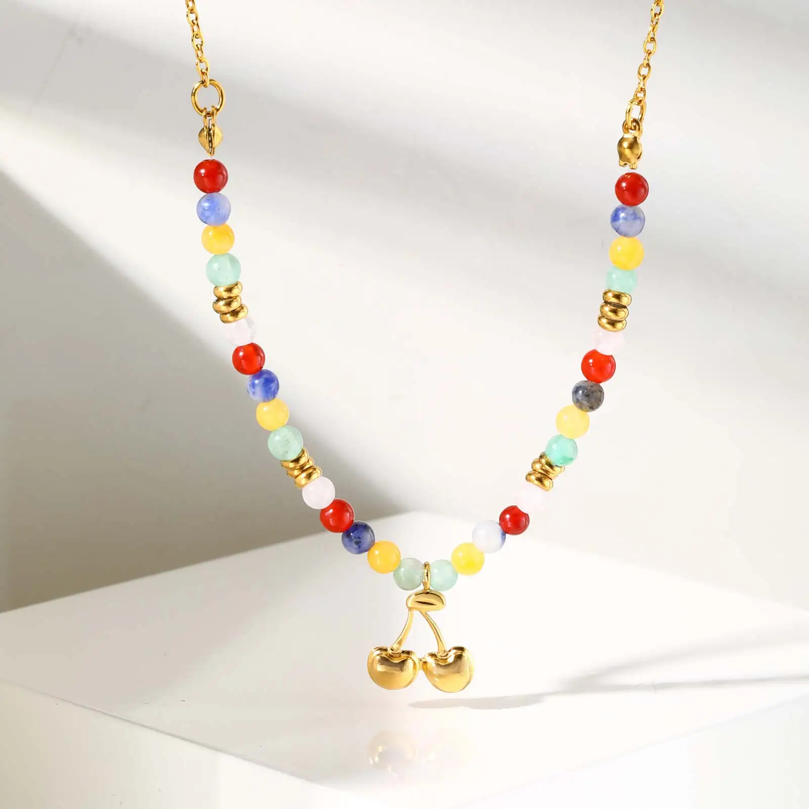 Womens Boho Colorful Natural Stone Bead Necklace Stainless Steel Beaded Chain Water Drop Heart Cross Cherry Pendant Necklace 250729