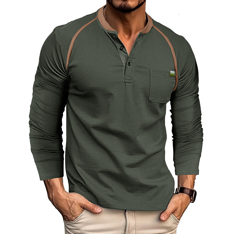 Autumn Winter Mens Outdoor Pocket Long Sleeve Henley T-Shirt American Style Raglan Base Shirt Top