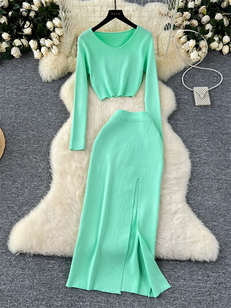100% Cotton Autumn Sweater Two Pieces Suits Long Sleeves Knit Top Elastic Waist Slim Split Skirt Sets Women Warm Knitted Suit 250729