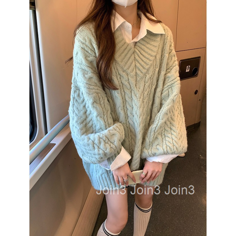 Autumn Winter Outfit Hot Girl Lazy Style V-Neck Gentle Korean Version Casual Loose Pullover Long Sleeve Sweater Mid-Length Women