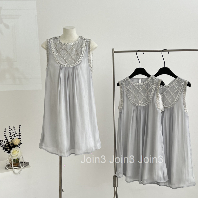 25 Summer New Style Socialite Vacation Heavy Pearl Sequin Round Neck Loose Waist Short Dress Elegant Sleeveless Dress