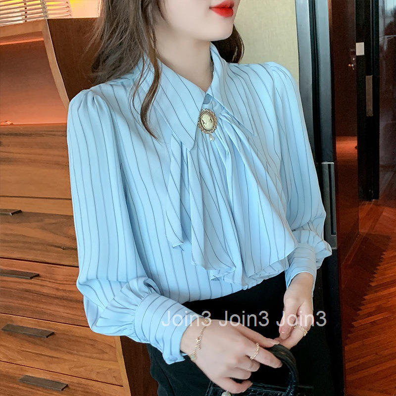 Spring and Autumn New Style Socialite Plus Size Womens Professional Internet Celebrity Youthful Striped Long Sleeve Shirt Womens Blouse Top
