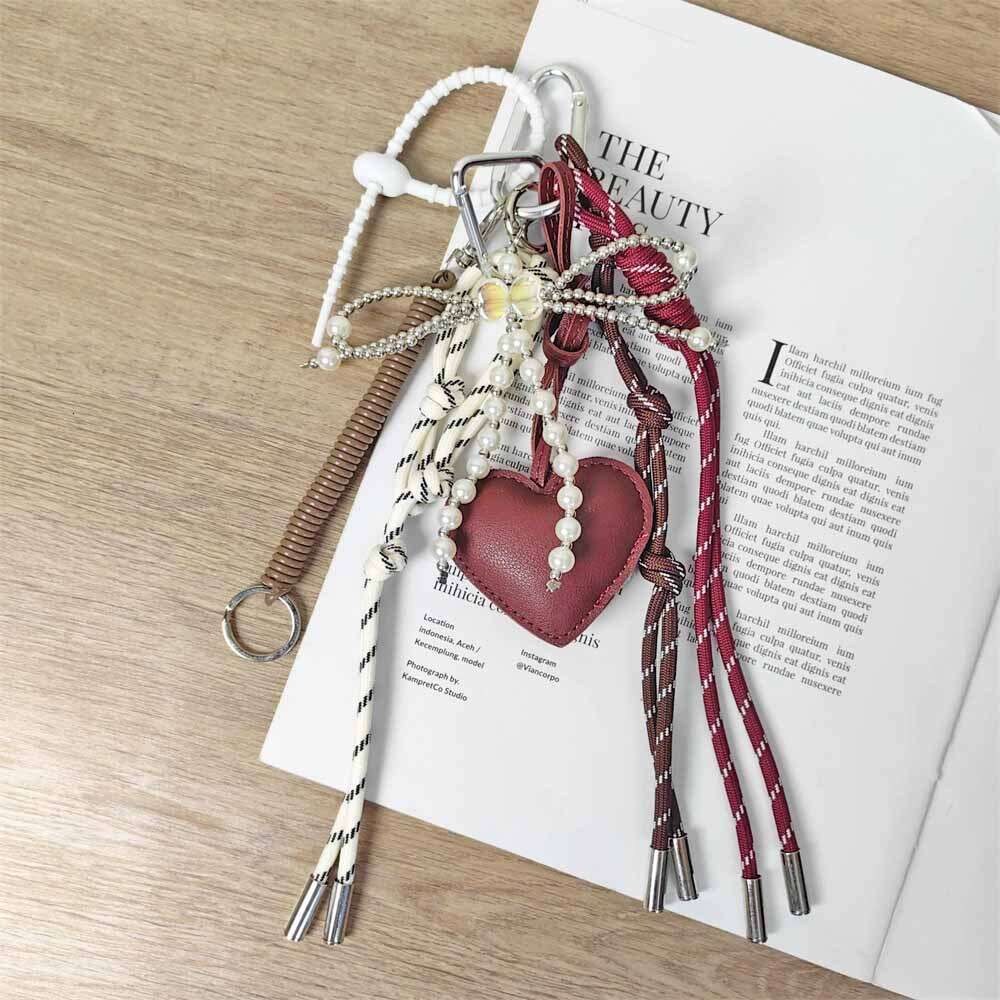 Autumn Winter New Bag Pendant Wine Red Leather Peach Heart Ornament Pearl Bow Keychain