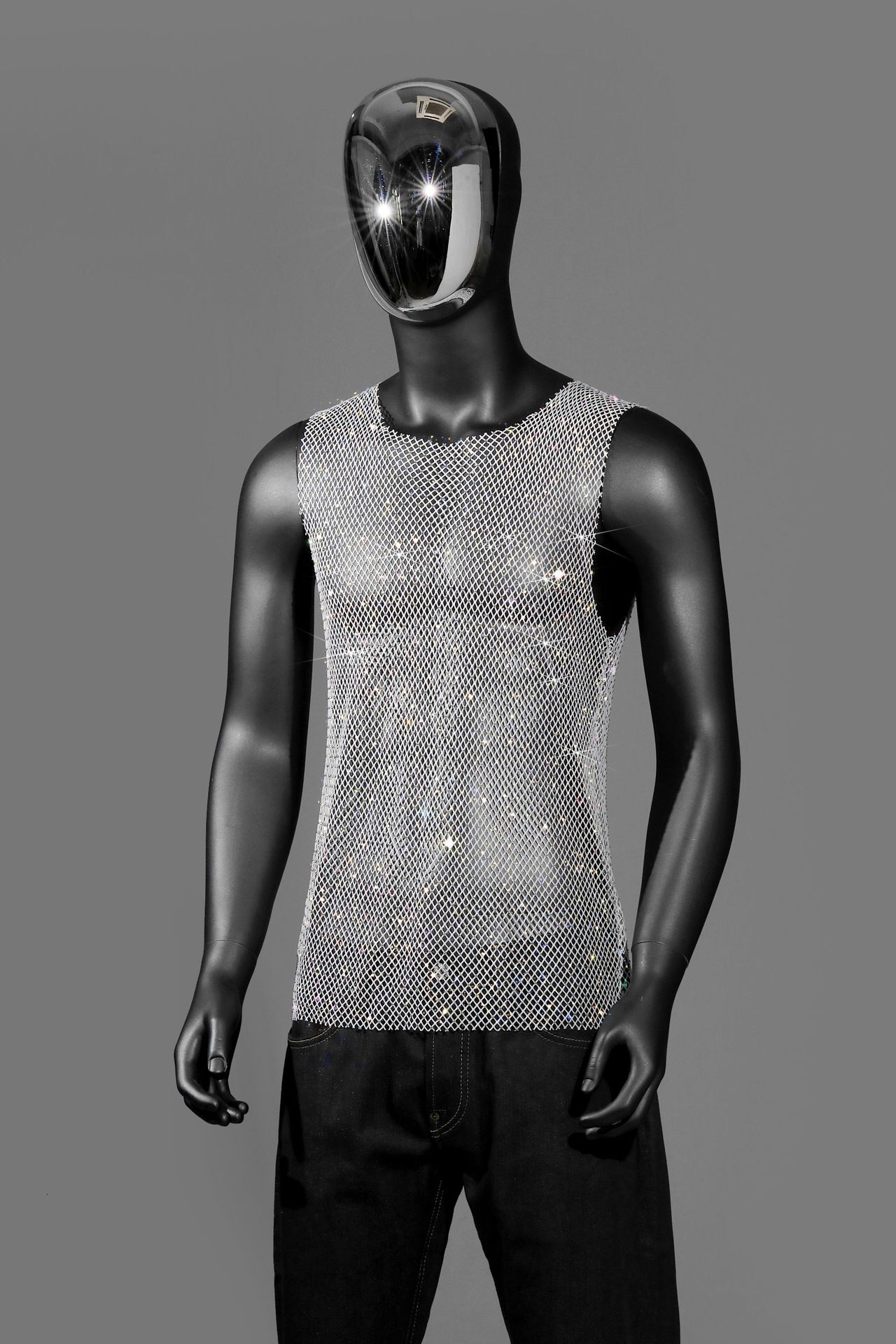 Fashion Mens Mesh Rhinestone T-Shirt Fishnet Rhinestone Party Sheer Blouse Top