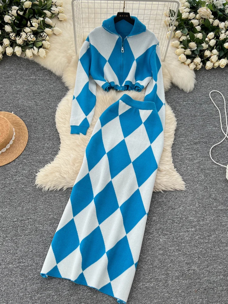 SINGREINY American Fashion Warm Suits Women Lapel Neck Zipper TopsHigh Elastic Skinny Plaid Skirt Streetwear Two Pieces Sets 250729