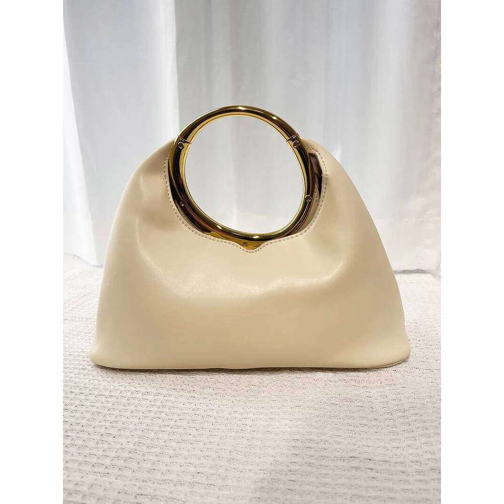 Metallic Round Handle Handbag Evening Bags for Women Soft PU Leather Shoulder Bag 2025 Half Moon Cloud Clutch
