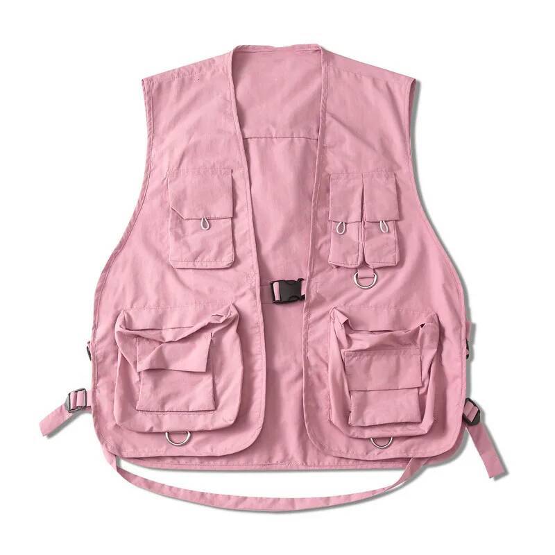 Oversized Pink Vests Multi-Pocket Sleeveless Cargo Jackets Men Military Style Hip Hop Y2k Streetwear Casual Clothes