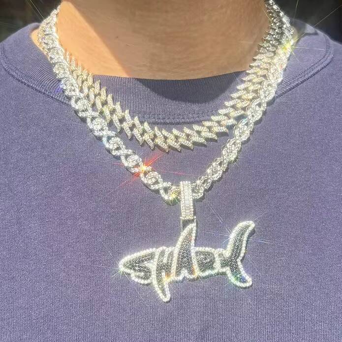 IGI Certified Mens Hip Hop 925 Silver Cuban Chain 14K White Gold Plated VVS Moissanite Diamond Cut Link Cross Flower Pattern