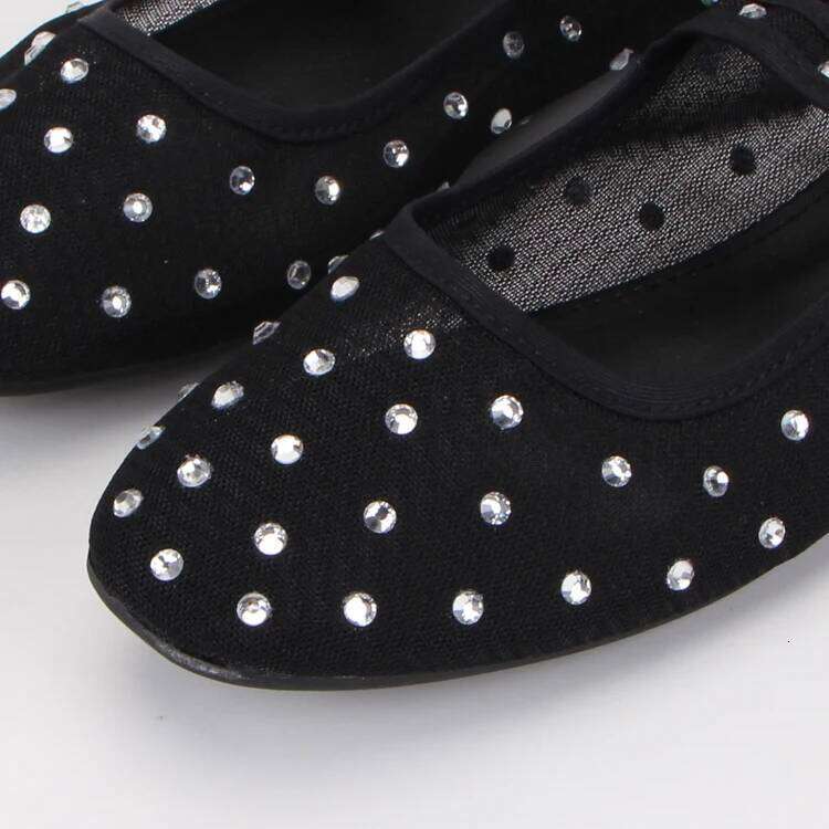 Rhinestone Mesh Ballet Flats Women Summer Breathable Black Elegant Mary Janes Buckle Strap Casual Ladies Shoes Footwear