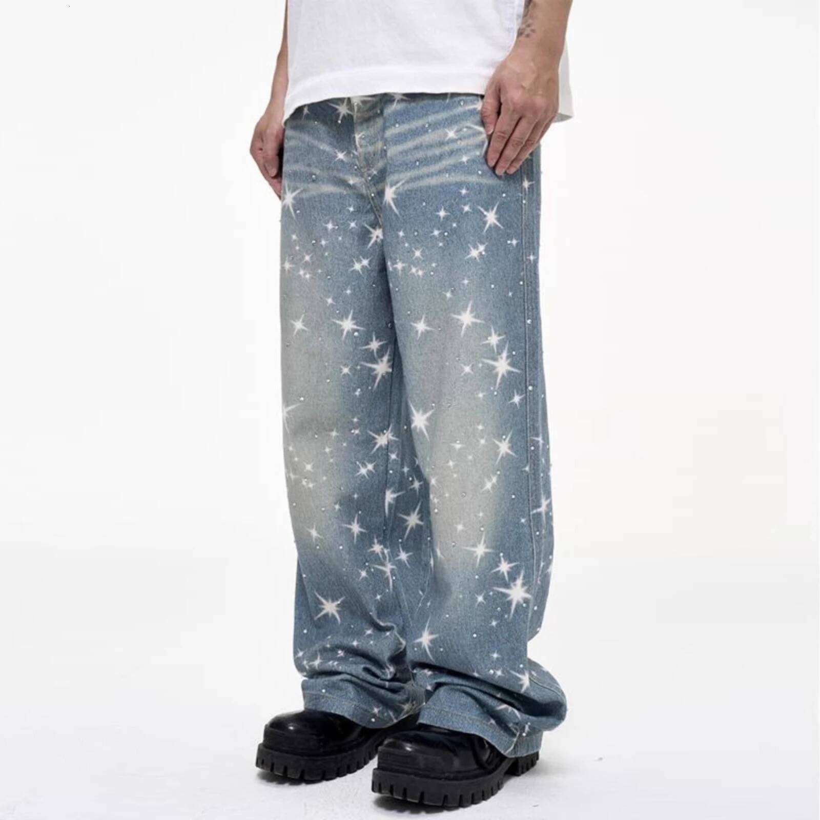 Washed Cleanfit Digital Print Hot Stamping Casual Men Straight Leg Pants Fashion Dia Inlay Distressed Trousers Jeans