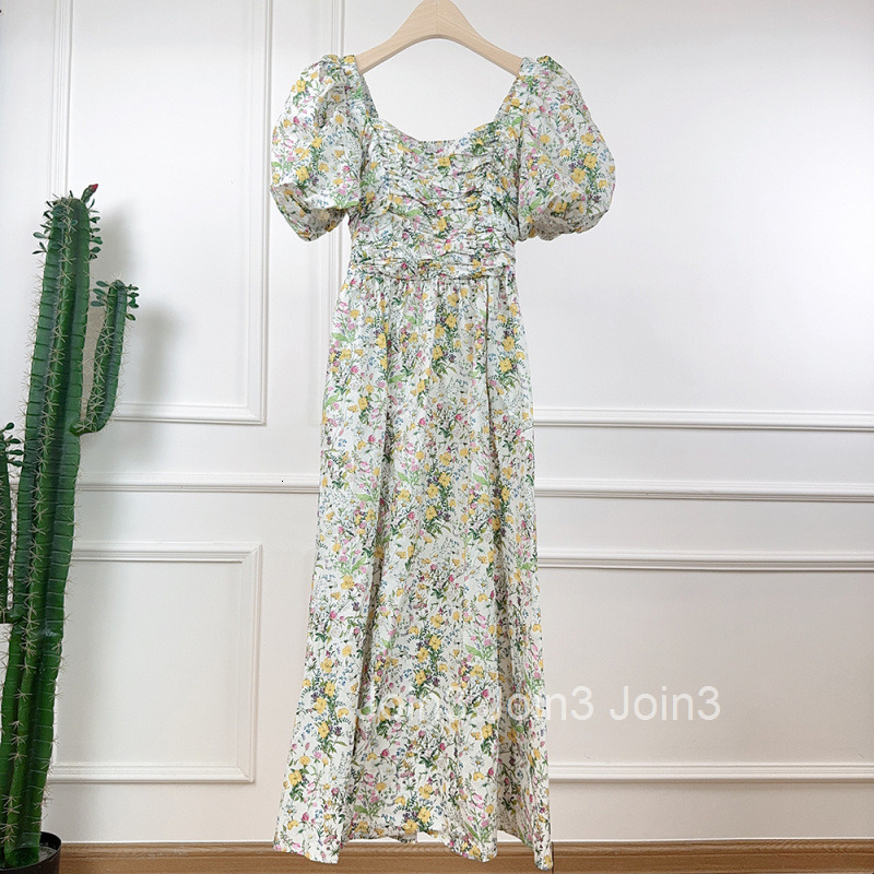2025 Summer New Floral Large Collar Puff Short Sleeve Waist High Waist Dress Lightweight Stretchy Mid-Length Dress for Women