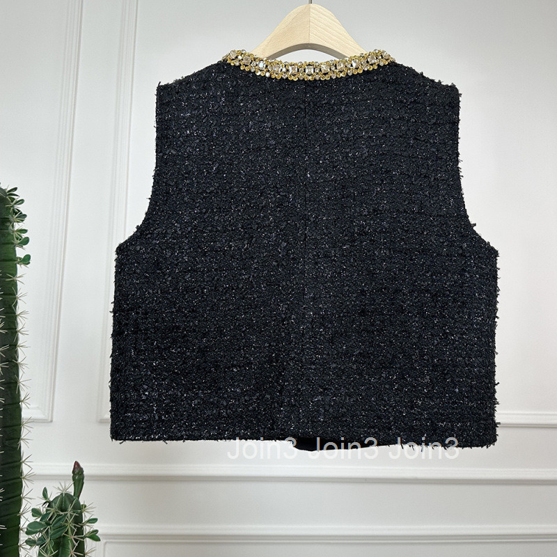 New Heavy Craft Small Fragrance Style Short Vest Womens Top Gentle Fashion Age-Reducing Round Neck Rhinestone Vest Jacket Women