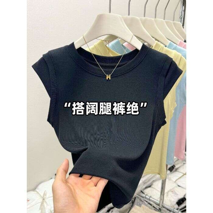 sxzy Summer Design Sense Niche Round Neck Flutter Sleeve T-Shirt Fashionable and Youthful Slim Fit Short Sleeveless Top for Women