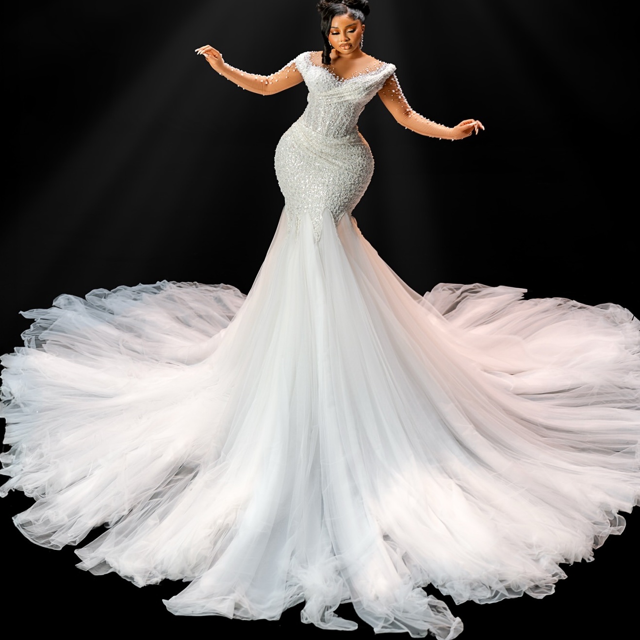 2025 Aso Ebi Plus Size Ivory Mermaid Wedding Dress Sequined Pearls Tulle Full Sleeves Sparkly Vintage Bridal Gowns Dresses ZJ0682