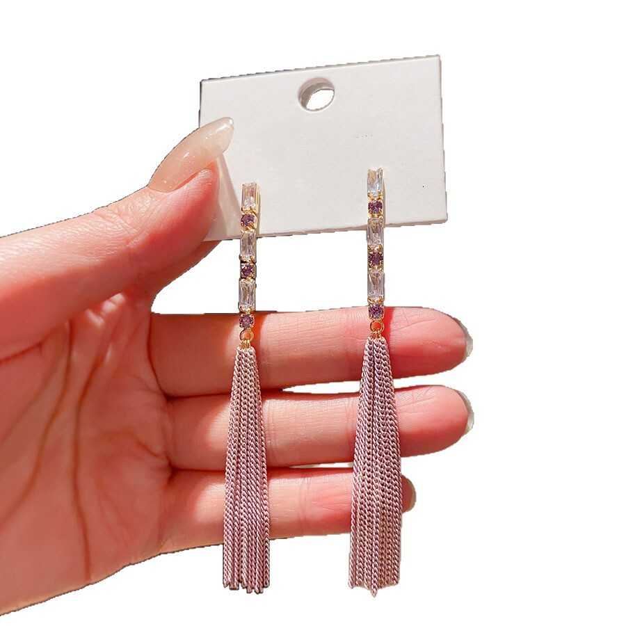 Sier Needle Zircon Chain Tassel Fashion Commuting Elegant Temperament Stud Exquisite Light High-end Feel Earrings for Women