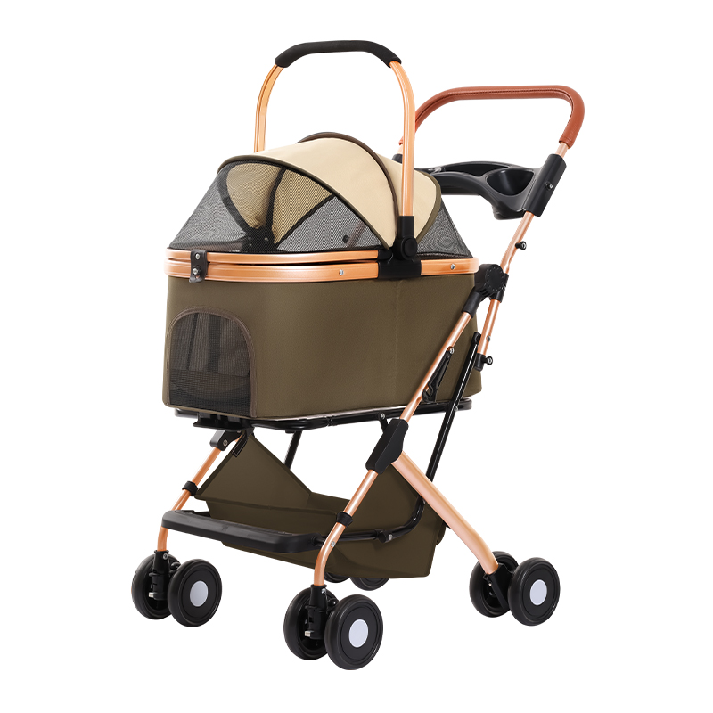 Pet stroller with 4 wheels, foldable pet travel harness, suitable for small/medium-sized dogs and cats, detachable portable pet bag, storage basket