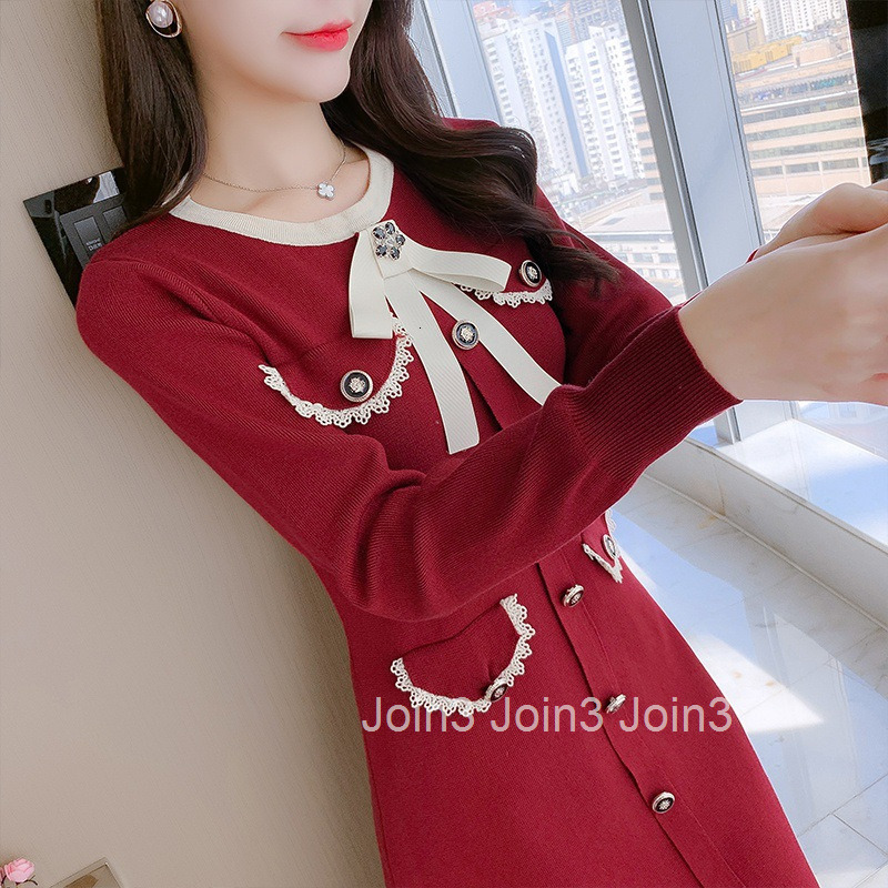 Autumn Winter New Festive Red Party Slim Elegant Knitted Thick Long Sleeve Dress Short Dress for Women