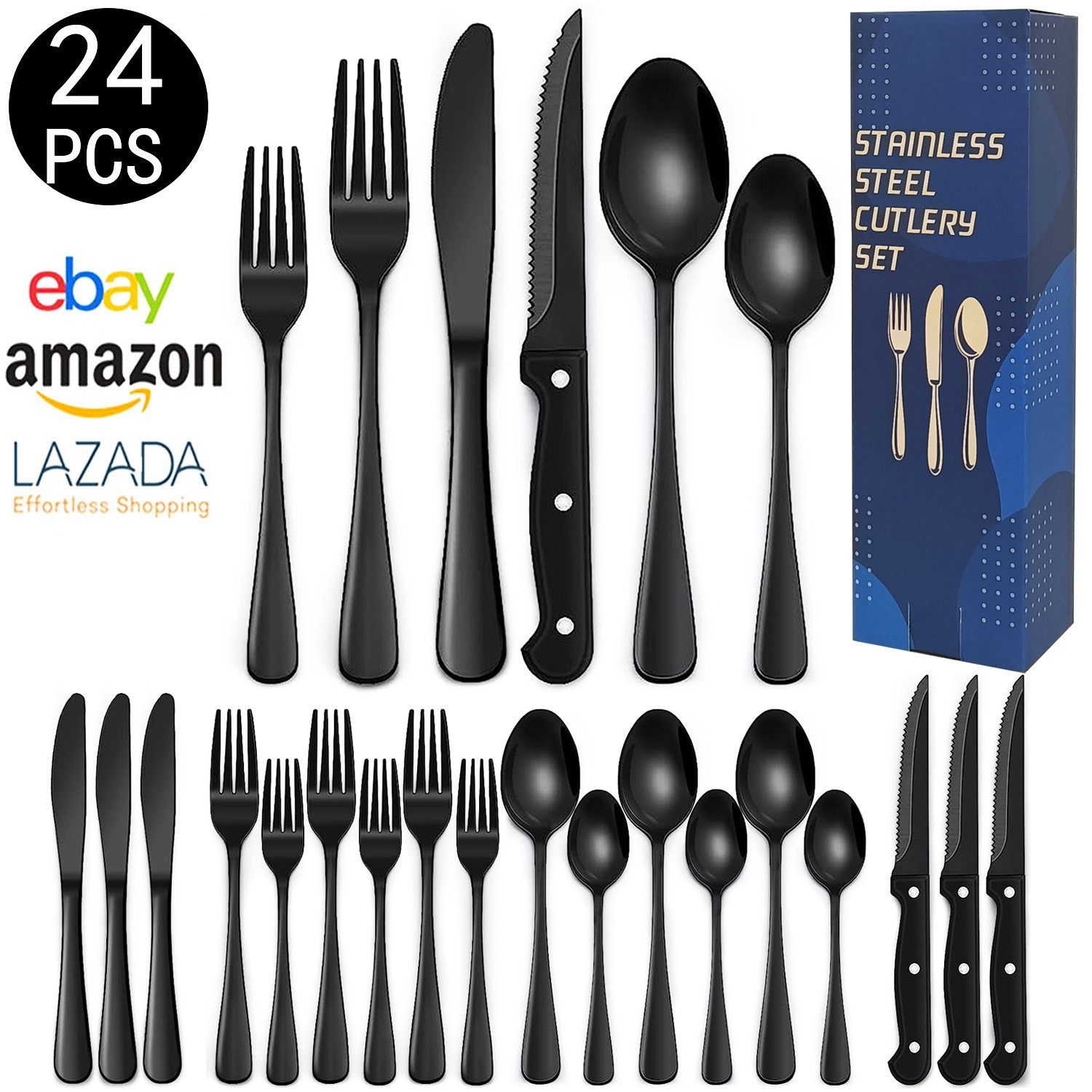 24-Piece Stainless Steel Flatware Set for 4 Includes 8 Steak Knives Mirror Polished Silverware Cutlery Set Dishwasher Safe Rust-Resistant