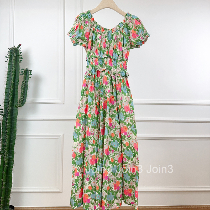 25 Summer New Round Neck Waist-Cinching Slimming Floral Print Short Sleeve Dress Lightweight Cool Long Dress