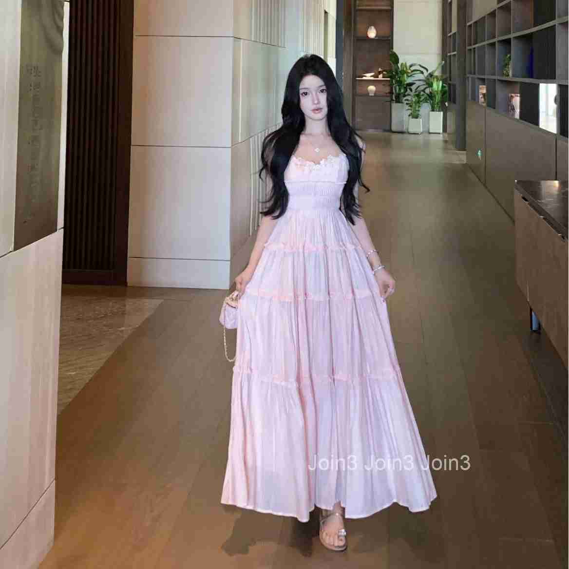 Summer Pink Vacation Dress Design V-neck Strap Sleeveless Vest Dress Long Dress Beach Princess Dress