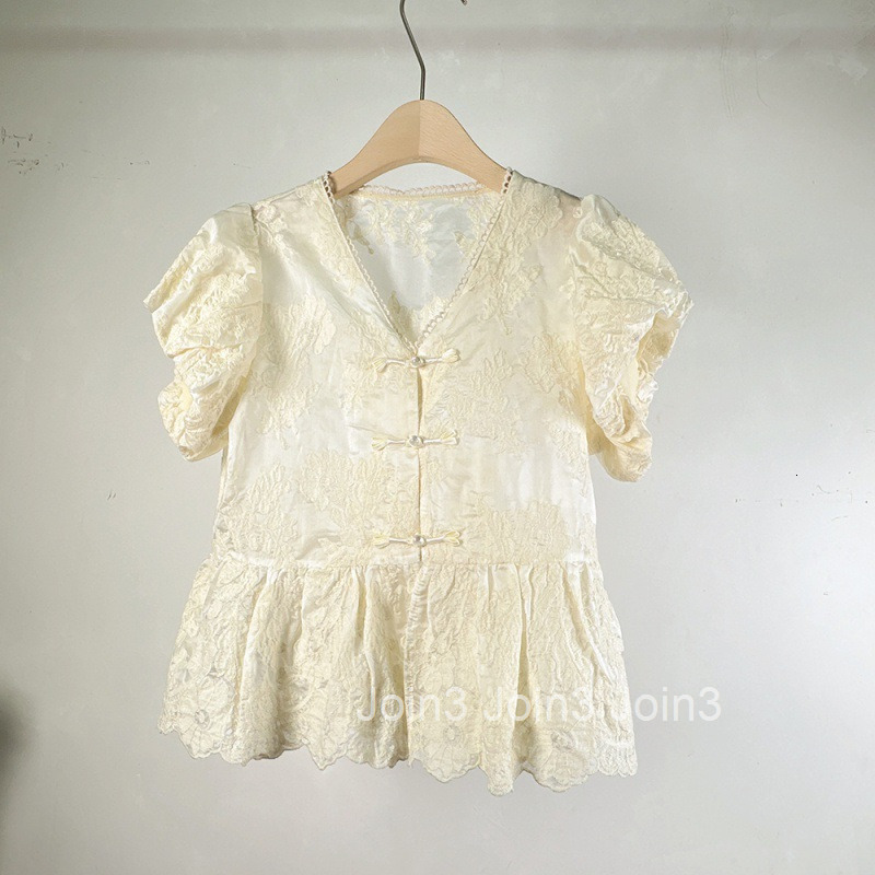 Summer New Style New Chinese Style High-end V-neck Puff Short Sleeve Shirt Womens Top Button Jacquard Blouse Women