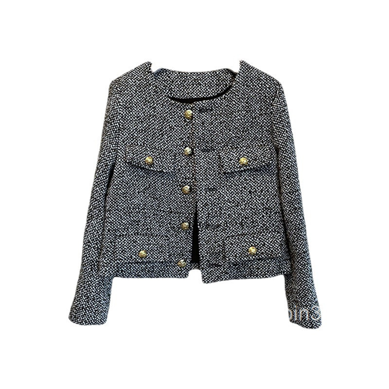Spring Winter New Fashion Stylish Wool Tweed Slim Fit Petite Tall Slimming Coat for Women with Gold Buttons