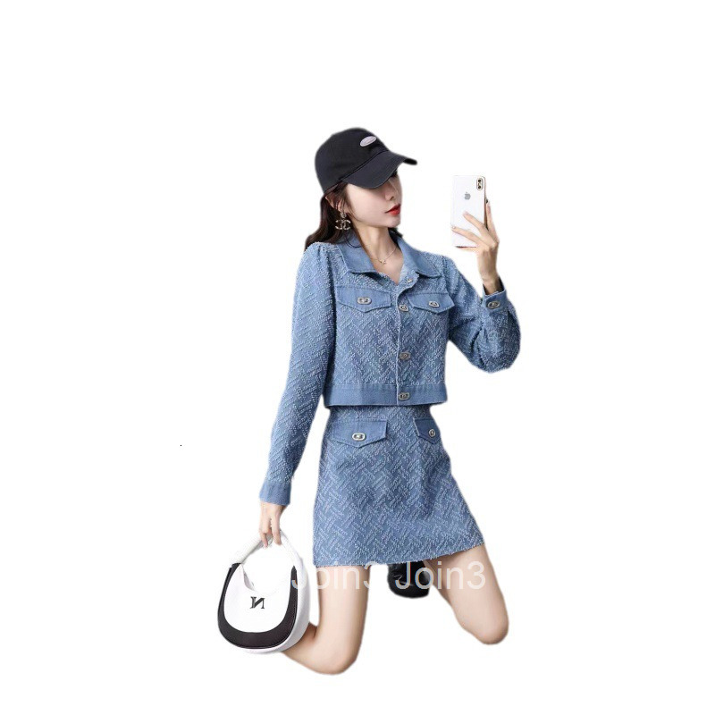 Autumn New Fashion Slimming Floral Denim Long Sleeve Short Jacket Top Shirt High Waist Half Skirt Set
