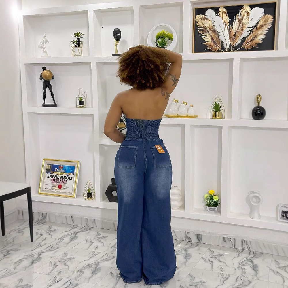 Summer new womens style lapel hanging neck single breasted backless denim jumpsuit pants