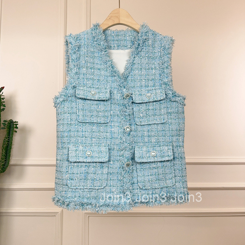Summer Autumn New Fashion Small Fragrance Style Plaid Tweed Hip-Covering Vest Women Slimming Jacket Womens Top