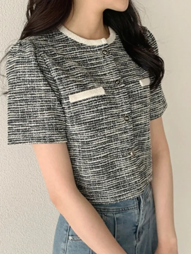 ort Coat Korean Sle Coarse Tweed Womens Summer Round Ne Svel Outerwear Ele Quali Small Size Fit 250729