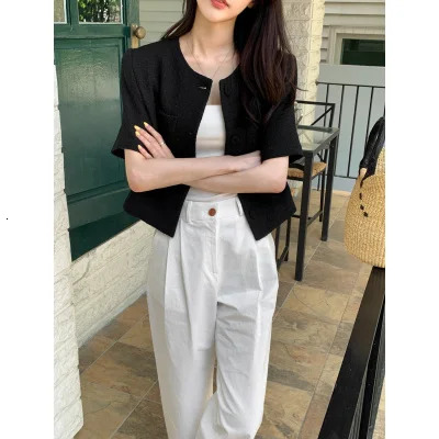 Korean Chic Summer Women Tops Short Sleeve Jacket Simple Casual O Neck Single Breasted Elegant Tweed Jackets Coats 250729