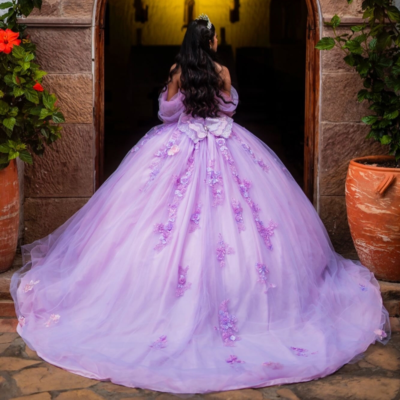 Lavender Quinceanera Dresses Off The Shoulder Appliques Flower Beads Tull Ball Gown Pink Lining Vestidos De 15 Anos Sweet 16 Dress