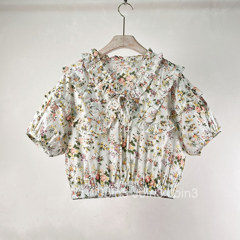 Summer New Fashionable Elegant Doll Shirt for Women Short Ruffled Patchwork Waist Shirt Floral Top Internet Celebrity