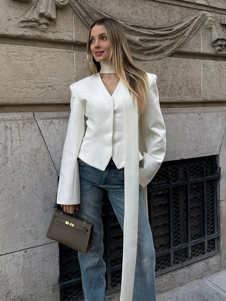 Taruxy Striped Print Vneck Ribbon Suit Coat for Women Long Sleeve Buttons Office Lady Top Elegant Female Blazer Outerwear 250729