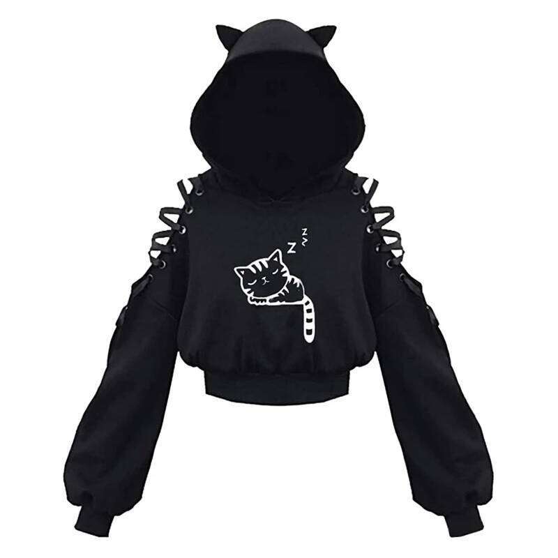 hoodie Y2k Gothic Womens Hoodie Cat Ear Crop Top Hooded Sweatshirt Hollow Out Lace Up Long Sleeve Hodded Casual Pullover Autumn jacket