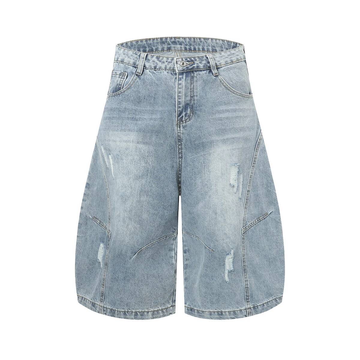 Deconstructive Curved Blade Harem Denim Ripped Blue Vintage Washed Shorts Hip Hop Baggy Wide Leg Crop Jeans