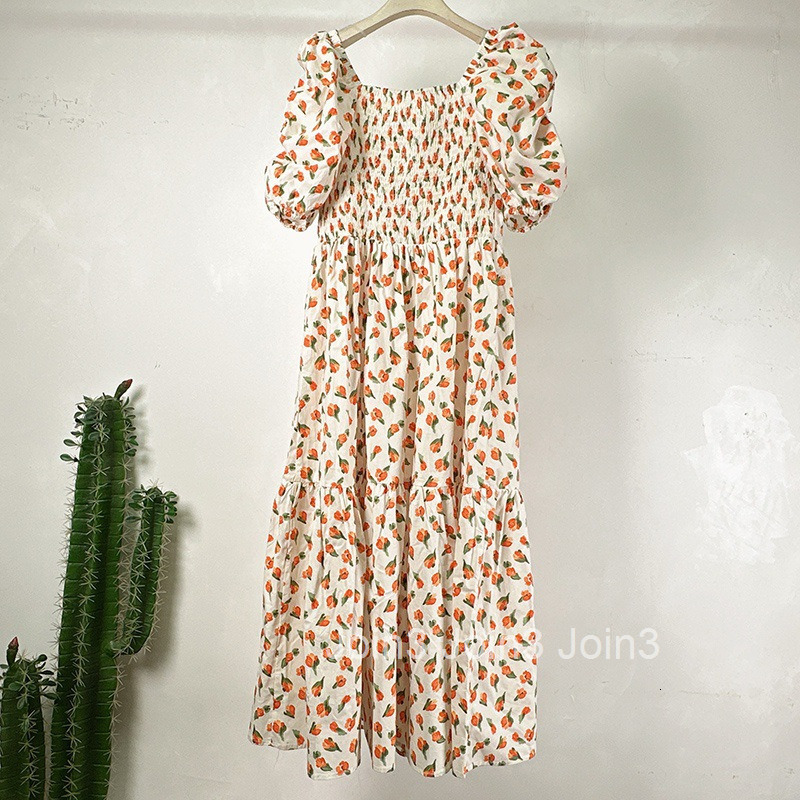 Summer New French Style Small Floral Dress V-neck High Waist Short Sleeve Printed Midi Dress