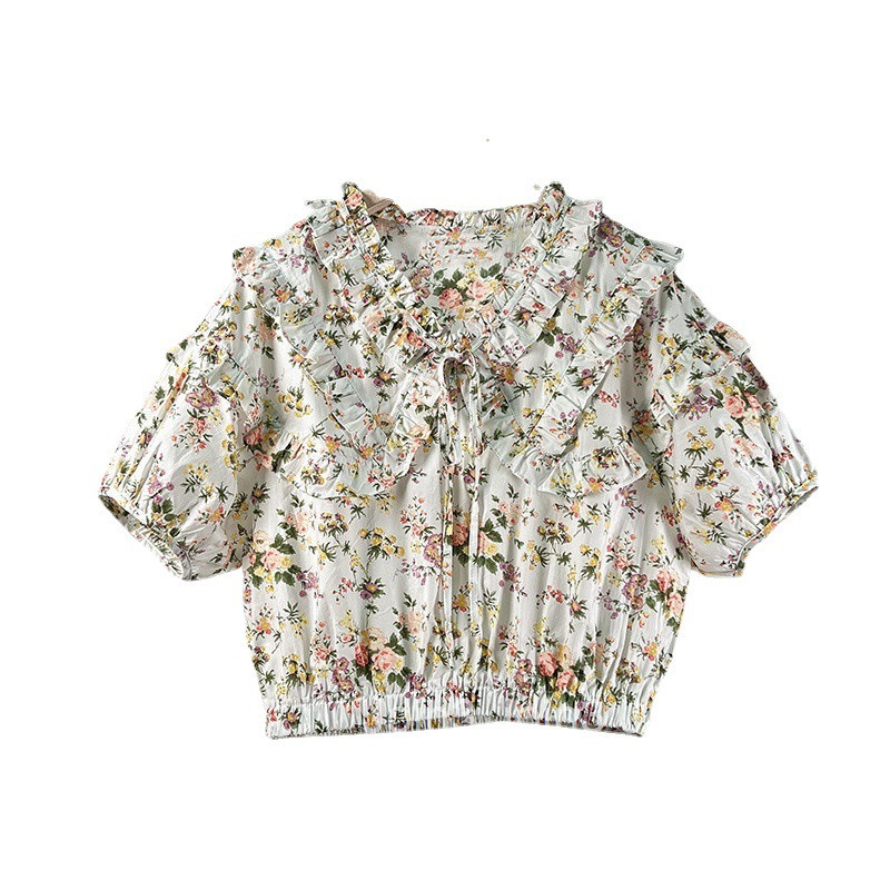 Summer New Fashionable Elegant Doll Shirt for Women Short Ruffled Patchwork Waist Shirt Floral Top Internet Celebrity