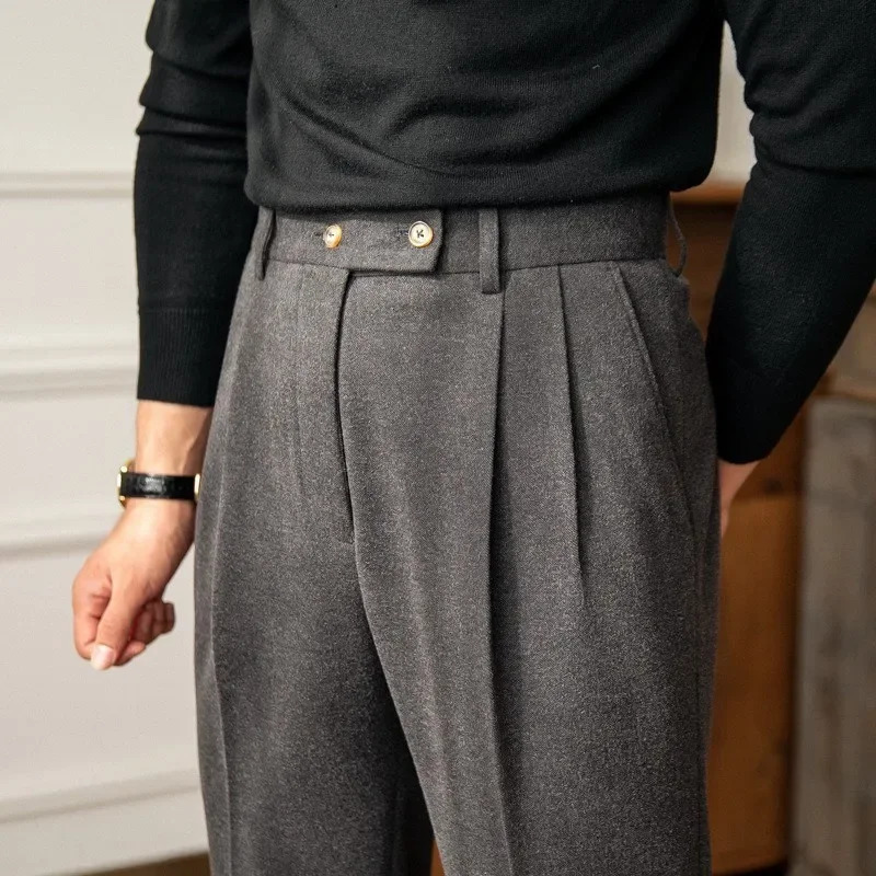 Autumn Winter HighWaisted Woolen Casual Pants For Men Warm StraightLeg Draped Narrowing Leggings Suit Pants 250729